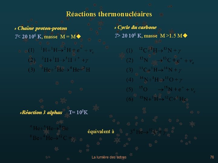 Réactions thermonucléaires # Cycle du carbone # Chaîne proton-proton T> 20 106 K, masse