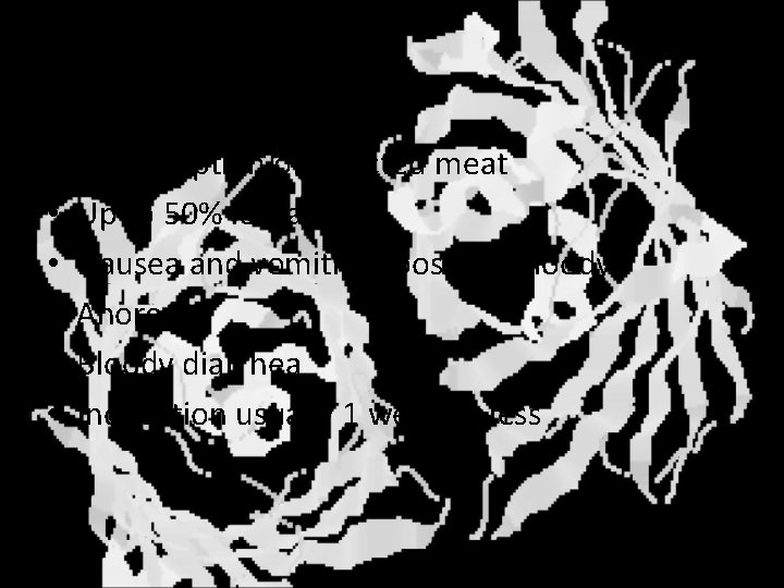 GI anthrax • • • Consumption of infected meat Up to 50% lethality Nausea