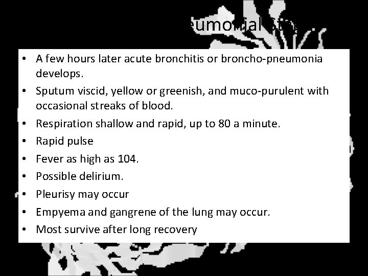 Chlorine Effects (Pneumonial Stage) • A few hours later acute bronchitis or broncho-pneumonia develops.