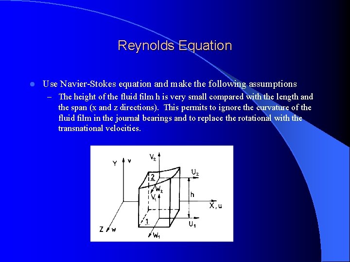 Reynolds Equation l Use Navier-Stokes equation and make the following assumptions – The height