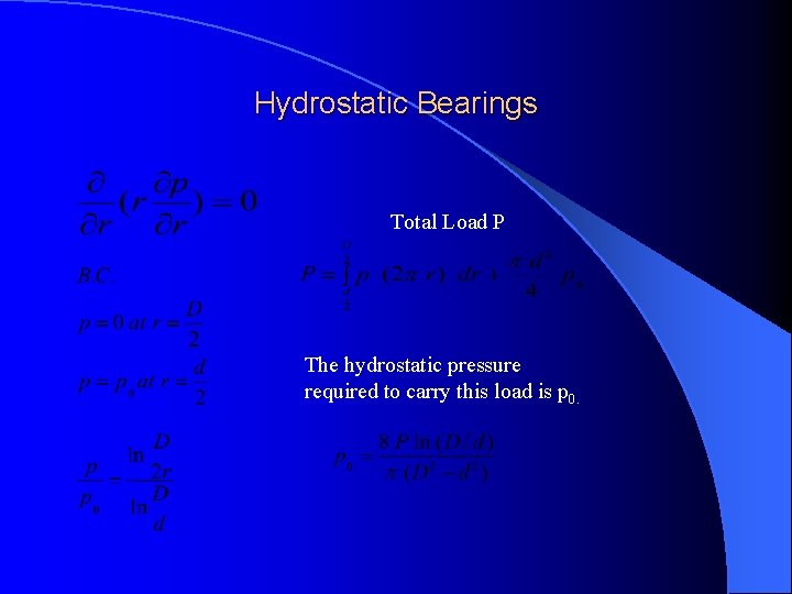 Hydrostatic Bearings Total Load P The hydrostatic pressure required to carry this load is