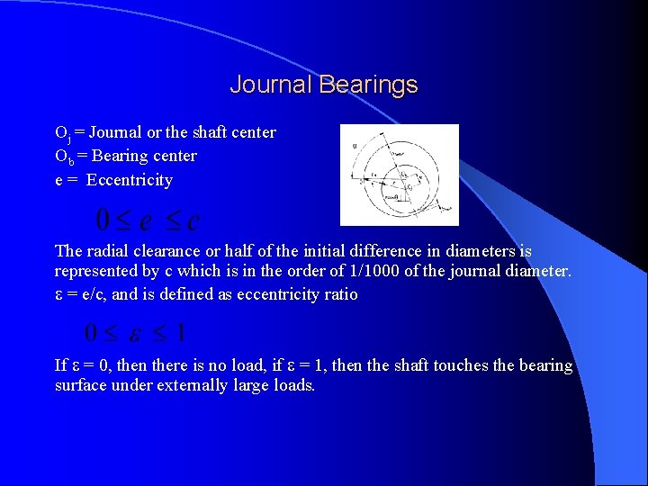 Journal Bearings Oj = Journal or the shaft center Ob = Bearing center e