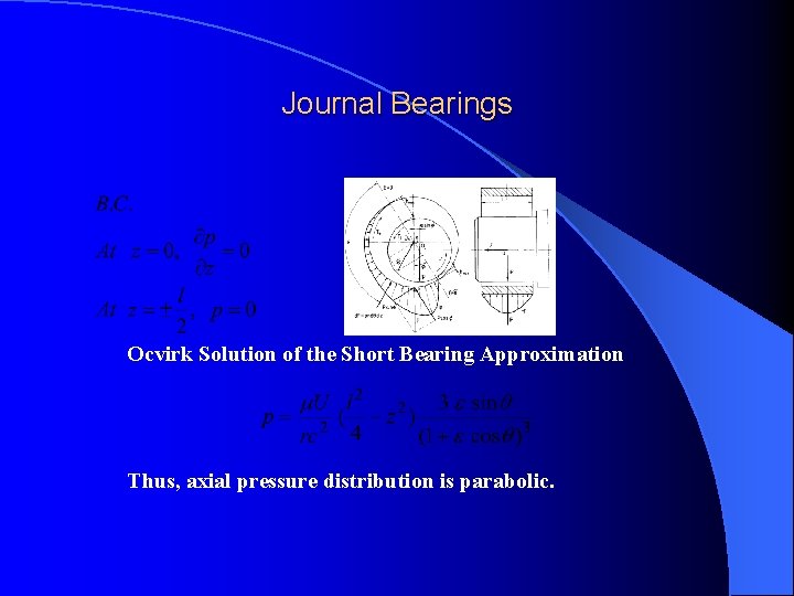 Journal Bearings Ocvirk Solution of the Short Bearing Approximation Thus, axial pressure distribution is