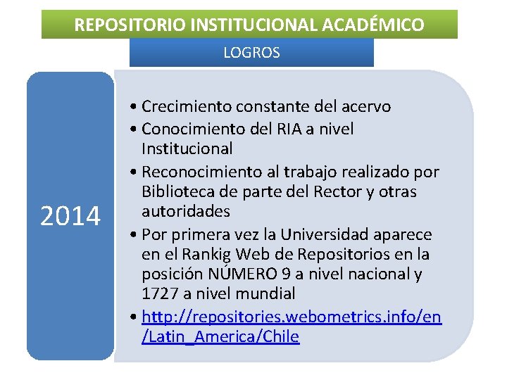 REPOSITORIO INSTITUCIONAL ACADÉMICO LOGROS 2014 • Crecimiento constante del acervo • Conocimiento del RIA