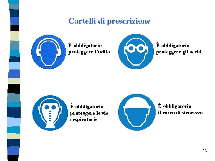 Cartelli di prescrizione È obbligatorio proteggere l’udito È obbligatorio proteggere le vie respiratorie È