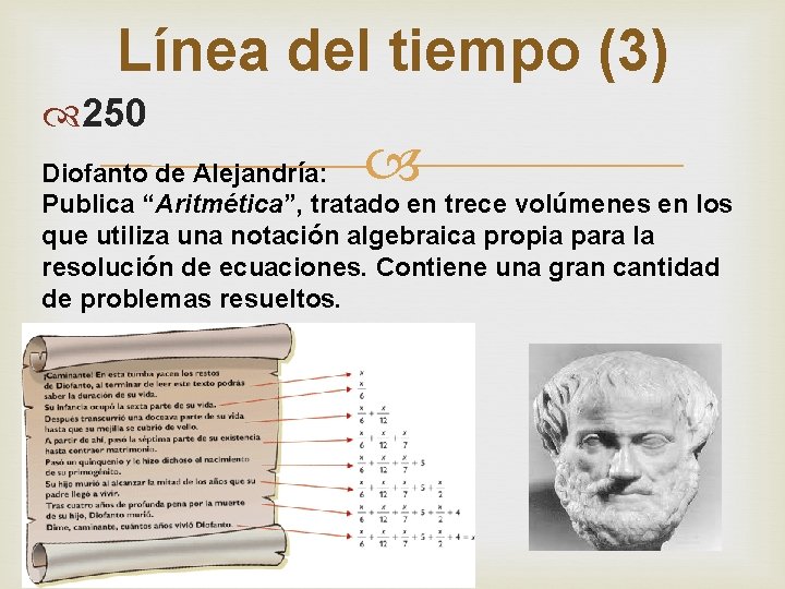 Línea del tiempo (3) 250 Diofanto de Alejandría: Publica “Aritmética”, tratado en trece volúmenes