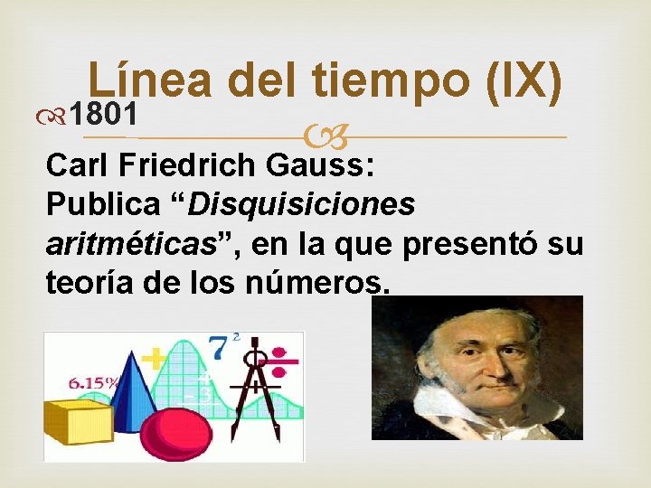 Línea del tiempo (IX) 1801 Carl Friedrich Gauss: Publica “Disquisiciones aritméticas”, en la que