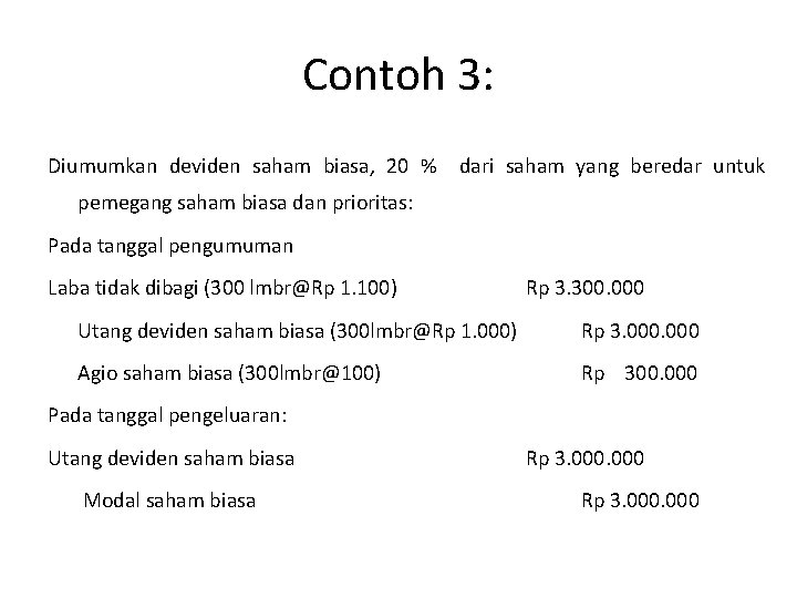 Contoh 3: Diumumkan deviden saham biasa, 20 % dari saham yang beredar untuk pemegang