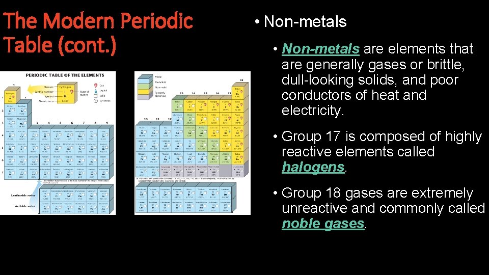 The Modern Periodic Table (cont. ) • Non-metals are elements that are generally gases