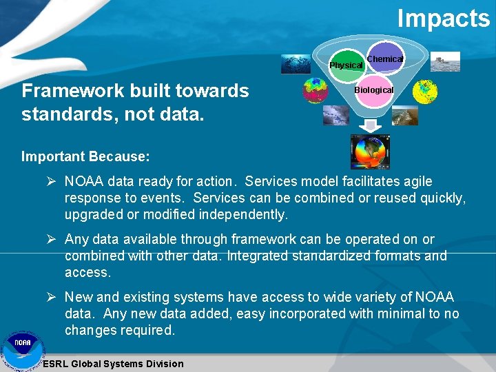 Impacts Physical Framework built towards standards, not data. Chemical Biological Important Because: Ø NOAA