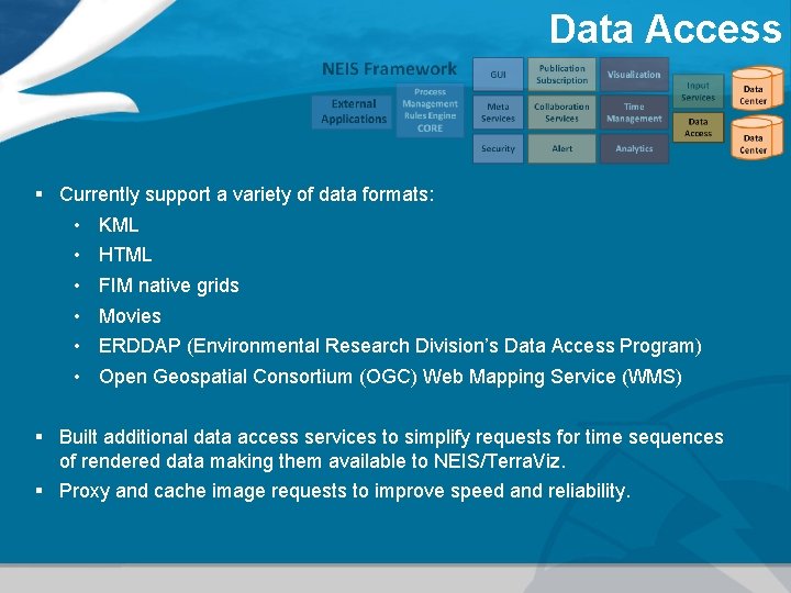 Data Access § Currently support a variety of data formats: • KML • HTML