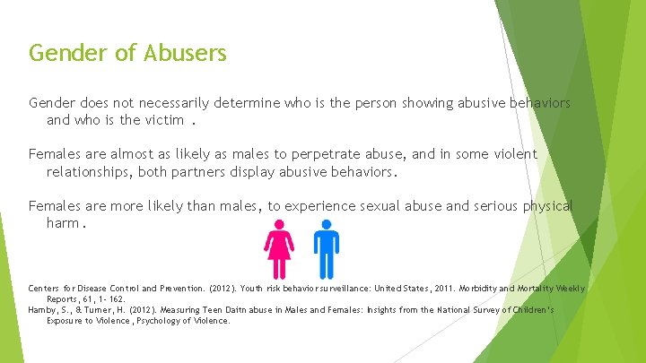 Gender of Abusers Gender does not necessarily determine who is the person showing abusive