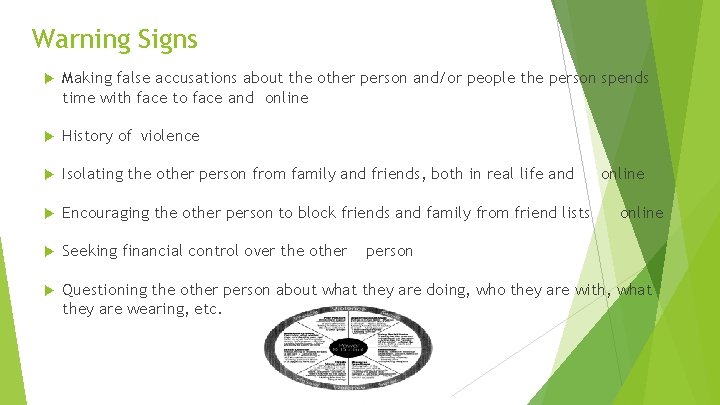 Warning Signs Making false accusations about the other person and/or people the person spends