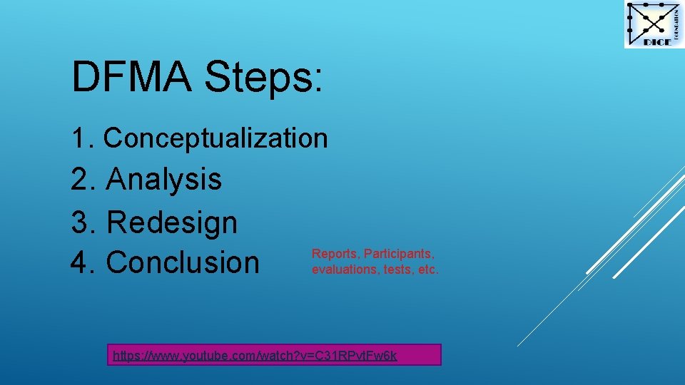 DFMA Steps: 1. Conceptualization 2. Analysis 3. Redesign 4. Conclusion Reports, Participants, evaluations, tests,