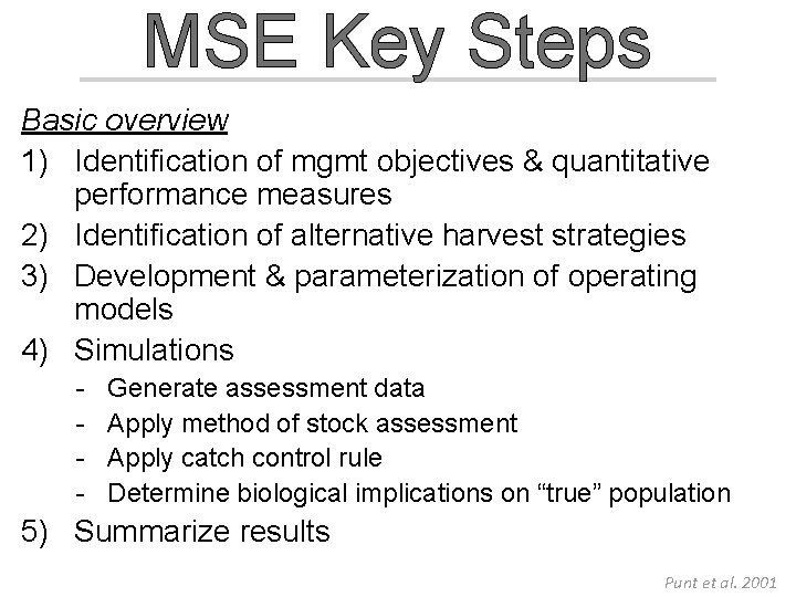 MSE Key Steps Basic overview 1) Identification of mgmt objectives & quantitative performance measures