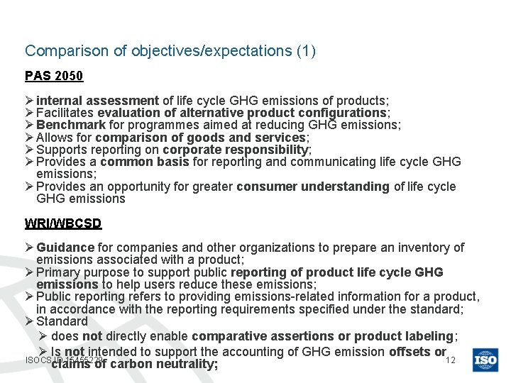 Comparison of objectives/expectations (1) PAS 2050 Ø internal assessment of life cycle GHG emissions