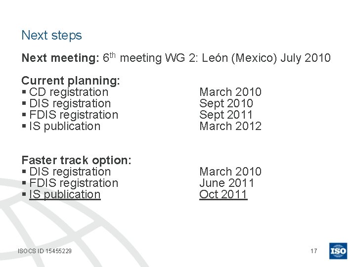 Next steps Next meeting: 6 th meeting WG 2: León (Mexico) July 2010 Current