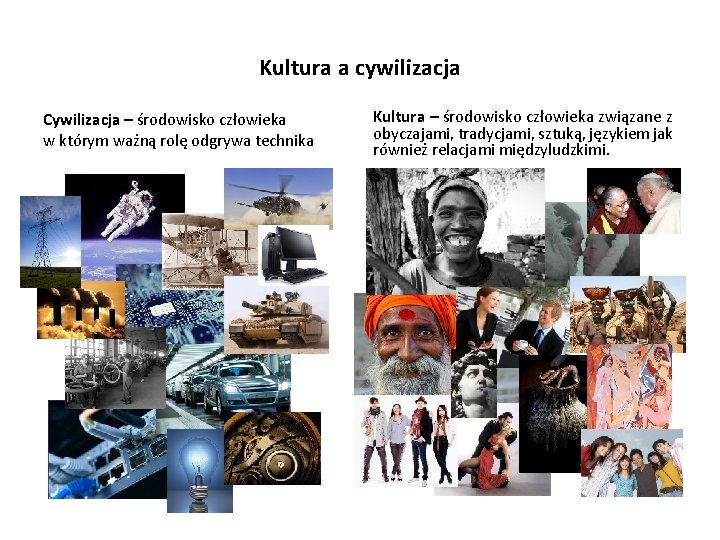 Kultura a cywilizacja Cywilizacja – środowisko człowieka w którym ważną rolę odgrywa technika Kultura