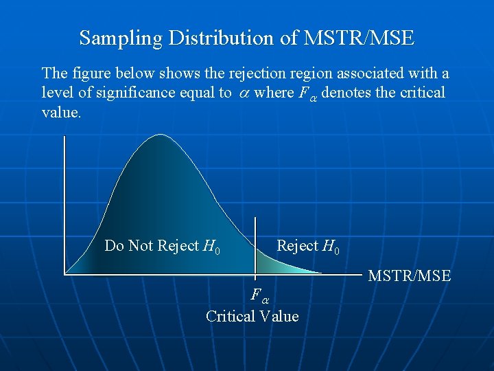 Sampling Distribution of MSTR/MSE The figure below shows the rejection region associated with a
