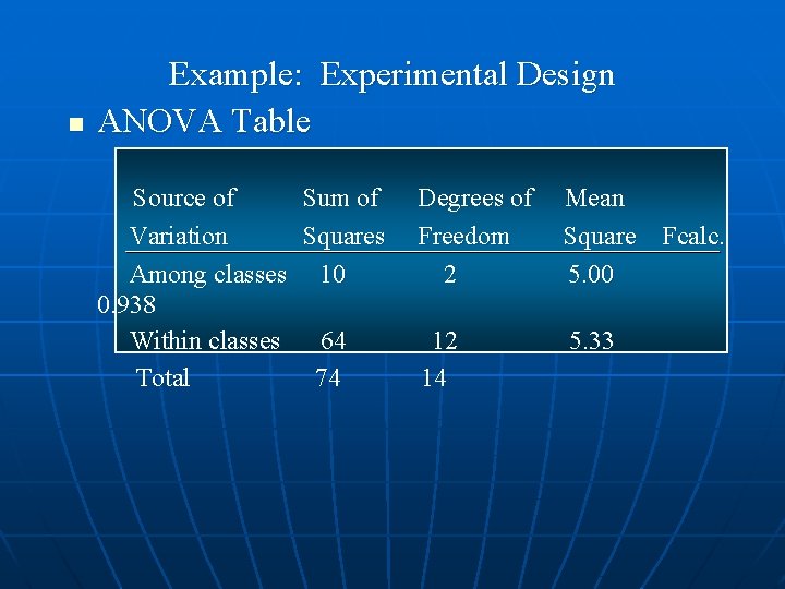 n Example: Experimental Design ANOVA Table Source of Sum of Degrees of Mean Variation