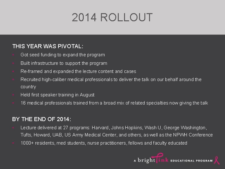 2014 ROLLOUT THIS YEAR WAS PIVOTAL: • Got seed funding to expand the program