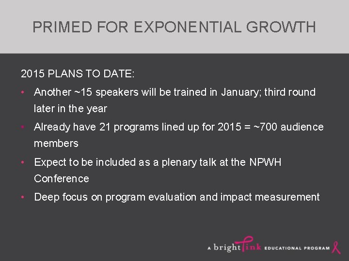 PRIMED FOR EXPONENTIAL GROWTH 2015 PLANS TO DATE: • Another ~15 speakers will be