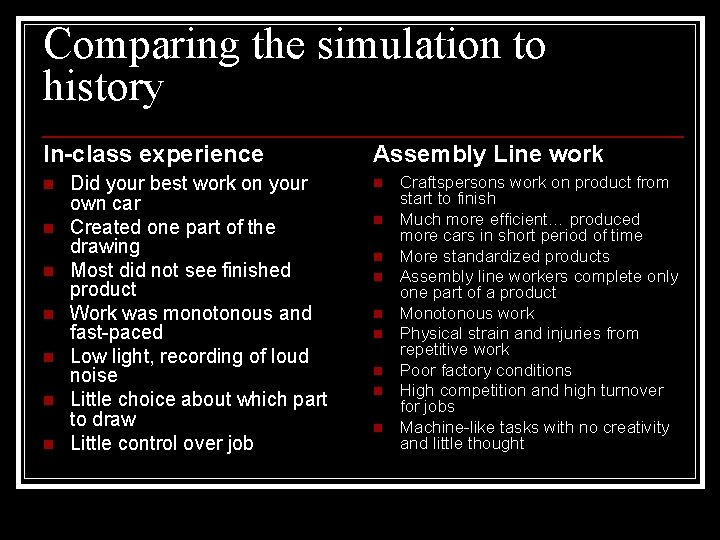 Comparing the simulation to history In-class experience n n n n Did your best