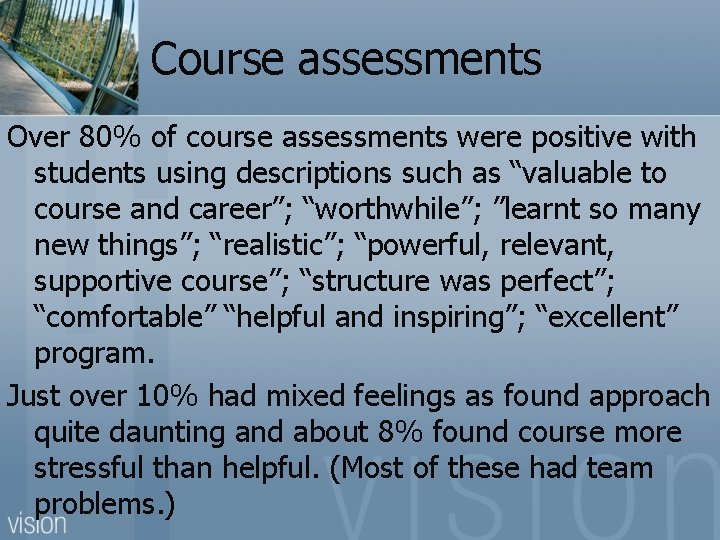  Course assessments Over 80% of course assessments were positive with students using descriptions
