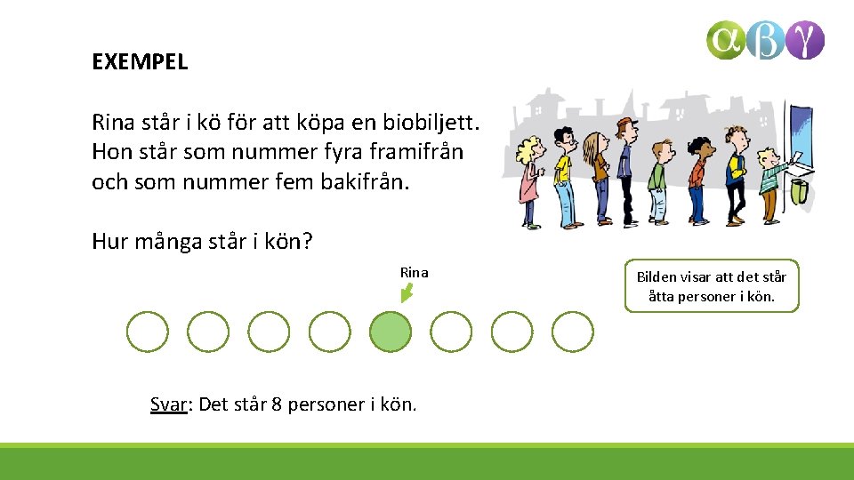 EXEMPEL Rina står i kö för att köpa en biobiljett. Hon står som nummer