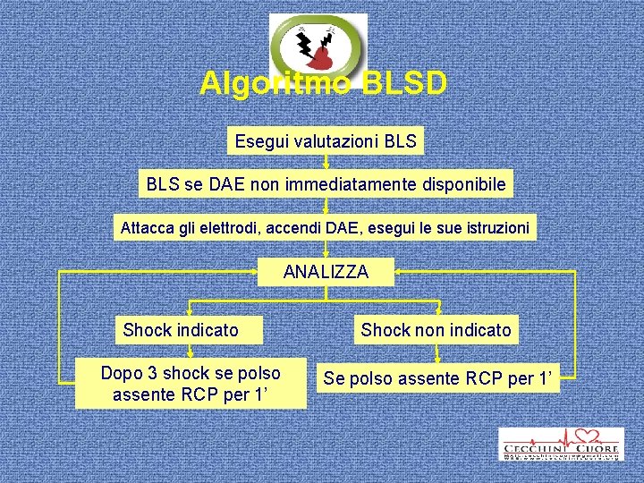 Algoritmo BLSD Esegui valutazioni BLS se DAE non immediatamente disponibile Attacca gli elettrodi, accendi