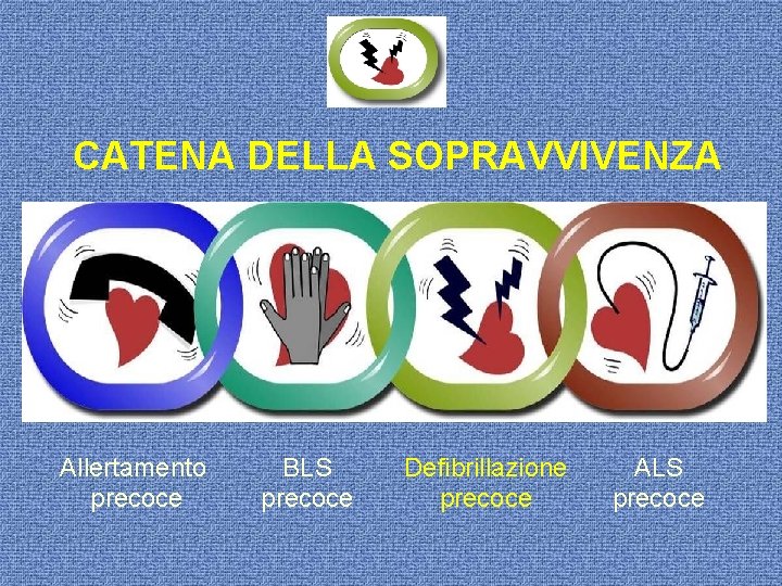 CATENA DELLA SOPRAVVIVENZA Allertamento precoce BLS precoce Defibrillazione precoce ALS precoce 