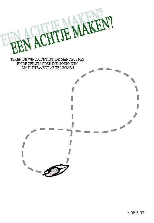 TEKEN DE WINDRICHTING, DE MANOEUVRES EN DE ZEILSTANDEN DIE NODIG ZIJN OM DIT TRAJECT
