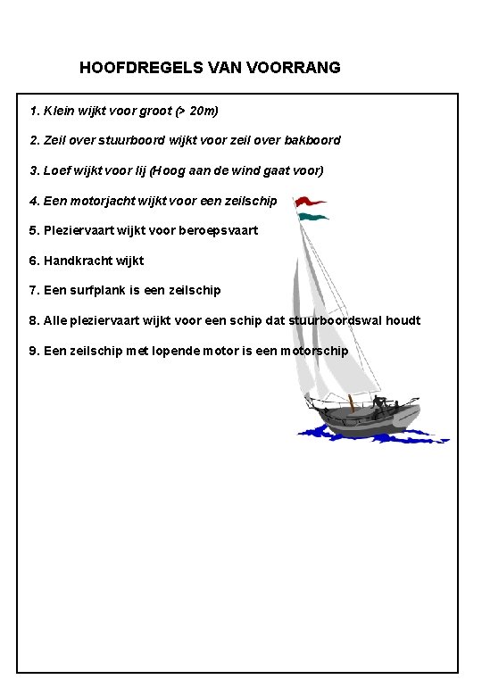HOOFDREGELS VAN VOORRANG 1. Klein wijkt voor groot (> 20 m) 2. Zeil over