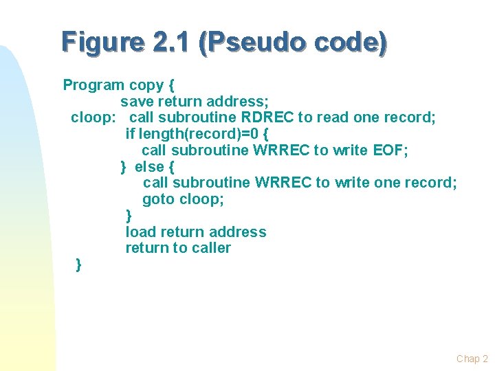 Figure 2. 1 (Pseudo code) Program copy { save return address; cloop: call subroutine Figure 2. 1 (Pseudo code) Program copy { save return address; cloop: call subroutine