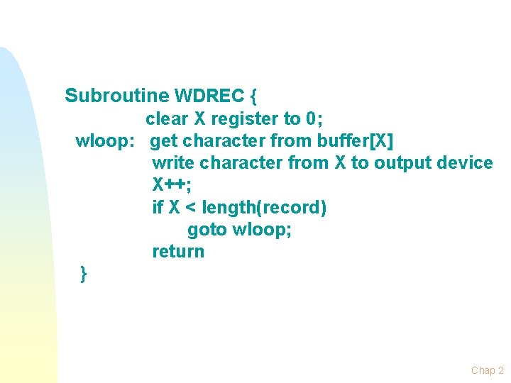 Subroutine WDREC { clear X register to 0; wloop: get character from buffer[X] write