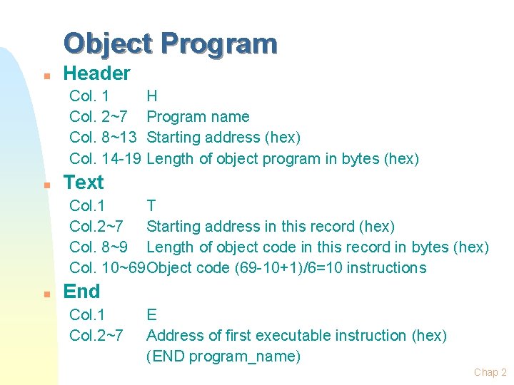 Object Program n Header Col. 1 H Col. 2~7 Program name Col. 8~13 Starting Object Program n Header Col. 1 H Col. 2~7 Program name Col. 8~13 Starting
