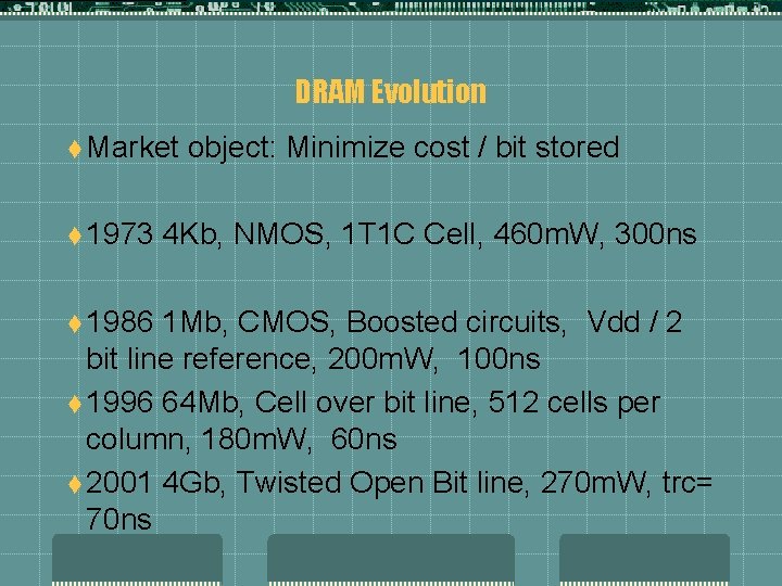 DRAM Evolution t Market t 1973 t 1986 object: Minimize cost / bit stored