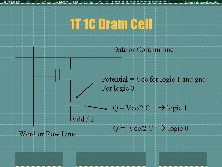 1 T 1 C Dram Cell Data or Column line Potential = Vcc for