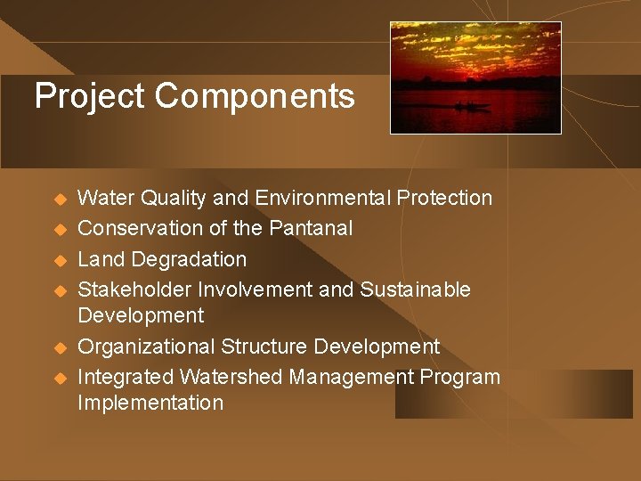 Project Components u u u Water Quality and Environmental Protection Conservation of the Pantanal