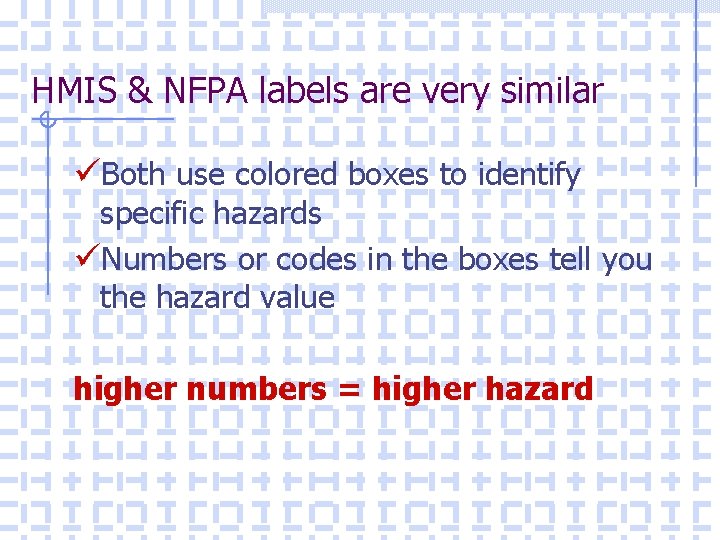 HMIS & NFPA labels are very similar üBoth use colored boxes to identify specific