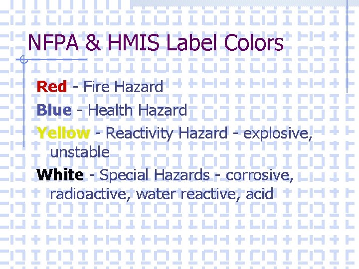 NFPA & HMIS Label Colors Red - Fire Hazard Blue - Health Hazard Yellow