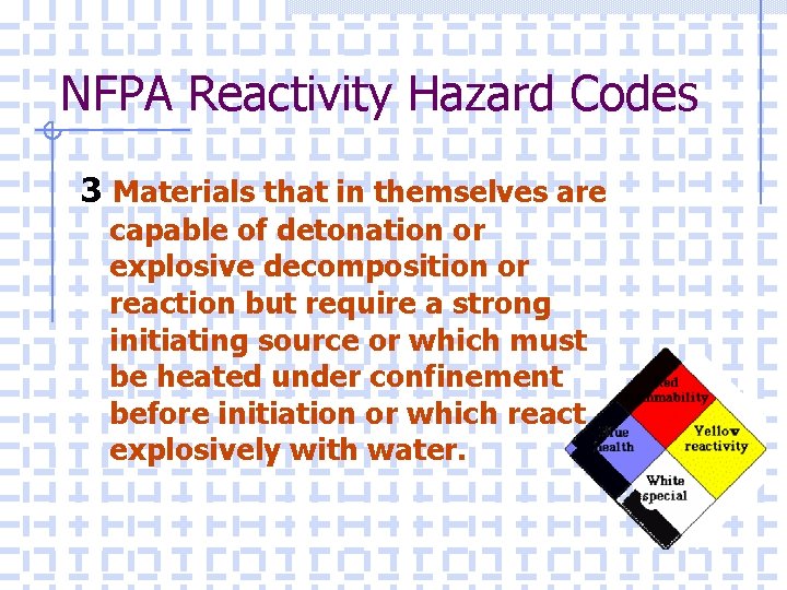 NFPA Reactivity Hazard Codes 3 Materials that in themselves are capable of detonation or