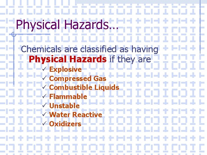 Physical Hazards… Chemicals are classified as having Physical Hazards if they are ü ü