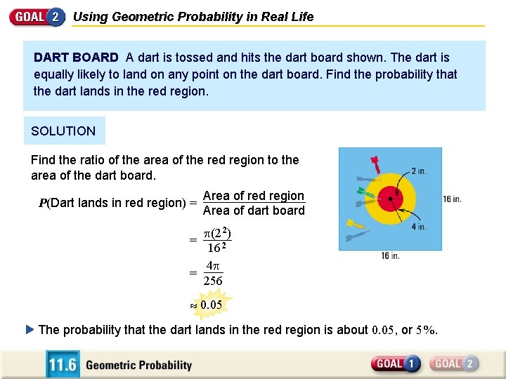 Using Geometric Probability in Real Life DART BOARD A dart is tossed and hits