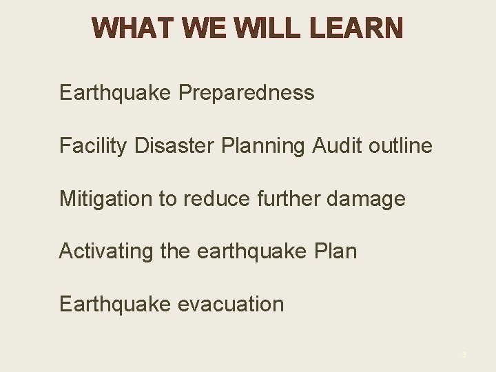 WHAT WE WILL LEARN Earthquake Preparedness Facility Disaster Planning Audit outline Mitigation to reduce