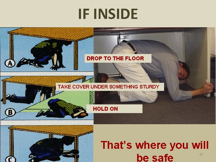 IF INSIDE DROP TO THE FLOOR TAKE COVER UNDER SOMETHING STURDY HOLD ON That’s