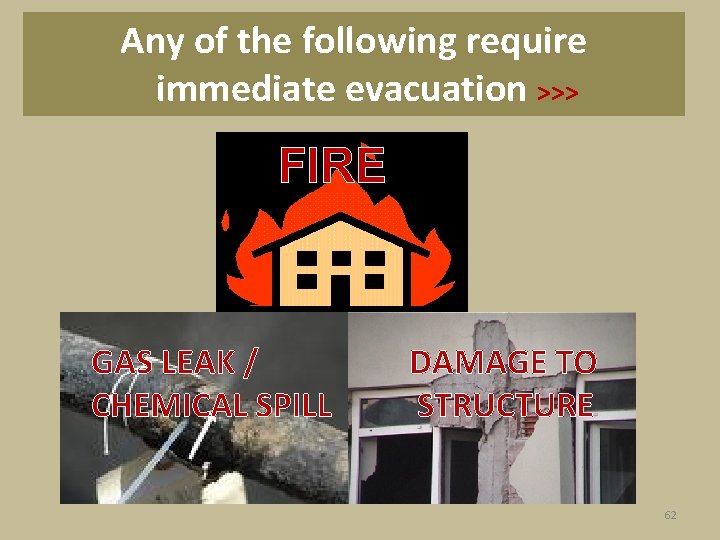 Any of the following require immediate evacuation >>> FIRE GAS LEAK / CHEMICAL SPILL