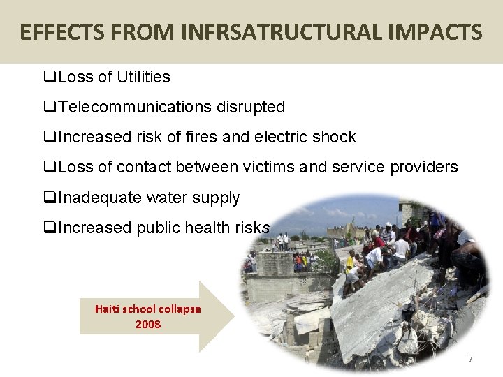 EFFECTS FROM INFRSATRUCTURAL IMPACTS q. Loss of Utilities q. Telecommunications disrupted q. Increased risk