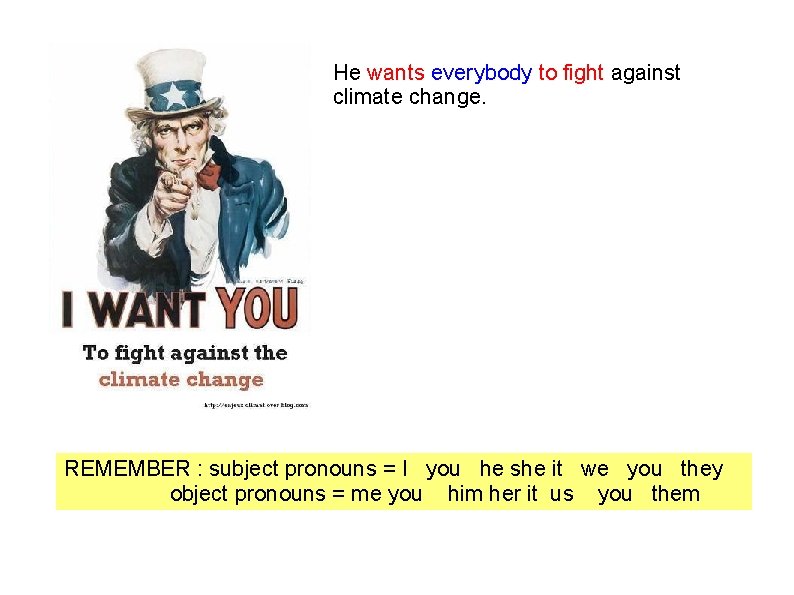 He wants everybody to fight against climate change. REMEMBER : subject pronouns = I