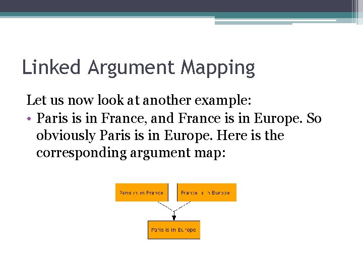 Linked Argument Mapping Let us now look at another example: • Paris is in